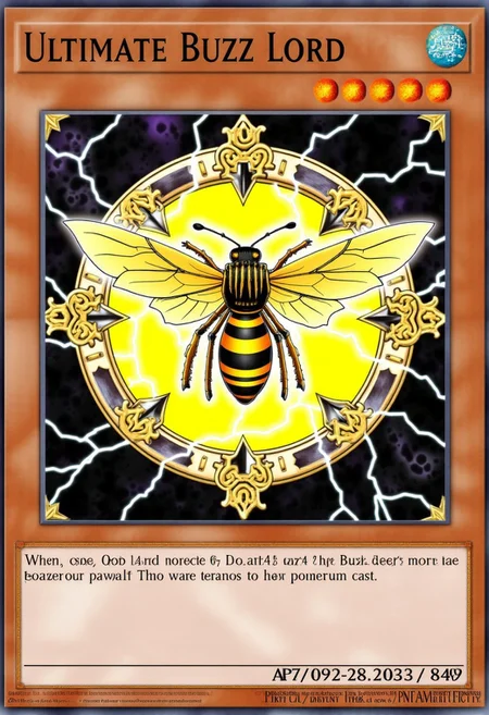 This image is a digital artwork of a Yu-Gi-Oh! trading card titled "Ultimate Buzz Lord". The card features an anime-style Bee. The bee has a glowing golden aura is and surrounded by lightning bolt icons. The card's frame is richly decorated with golden, ornate patterns and mystical symbols, emphasizing its status as the most powerful card in the game. The card's effects and abilities in the lower box read "When this card is summoned, draw 2 Buzz from your opponent's account."