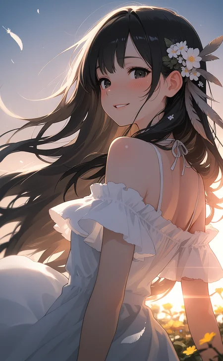 masterpiece, best quality, amazing quality, 1girl, solo, long hair, looking at viewer, blush, smile, shirt, black hair, hair ornament, dress, bare shoulders, very long hair, upper body, flower, outdoors, frills, parted lips, teeth, looking back, hair flower, white dress, off shoulder, blurry, black eyes, blurry background, hair intakes, feathers, off-shoulder dress, turning head,
wind,backlighting,bloom,Lens Flare, HassaKu_illu <lora:ppw_v7_noobEv1.1:0.7> <lora:nhl-004:0.75>