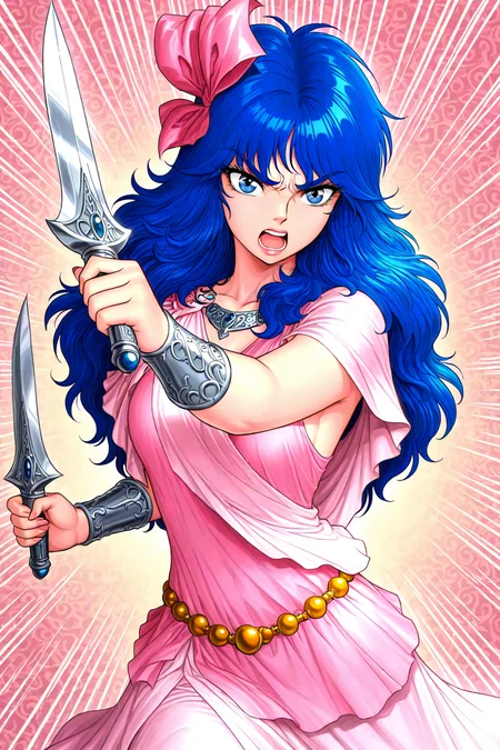 masterpiece, best quality, amazing quality, very aesthetic, absurdres, newest, zodikki1, kurumada hair, kurumada eyes, GOHPIA, solo, medium length hair, 1girl, blue hair, blue eyes pink hair bow, silver bracers, neckace, gold bead belt, long pink gown, pink shawl, pink shoulder sash, lips, angry, open mouth, incoming attack, holding dagger, simple background, pattern background