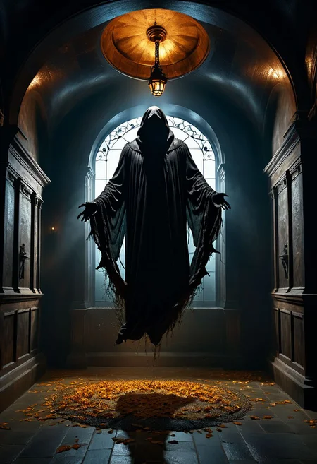 a dementor, levitating ominously. BREAK inside a dimly lit bell tower. vibrant, photo realism, Masterpiece, (8k), (32k), UHD, highest-quality, intricate details, highly detailed, best artist, immaculate micro-details, sharp edges, detailed textures, full body shot, full body cinematic, atmospheric lighting, visually stunning, perfect composition, trending on artstation