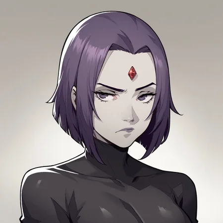 safe_pos, score_9, score_8_up, score_7_up, source_cartoon, 1girl, solo, bored,
p3reloadportraits, portrait, white background, looking at viewer, raised eyebrows,
raven dc, purple hair, purple eyes, grey skin, bob hair cut, jewel in forehead, black leotard, long sleeves, big breasts,