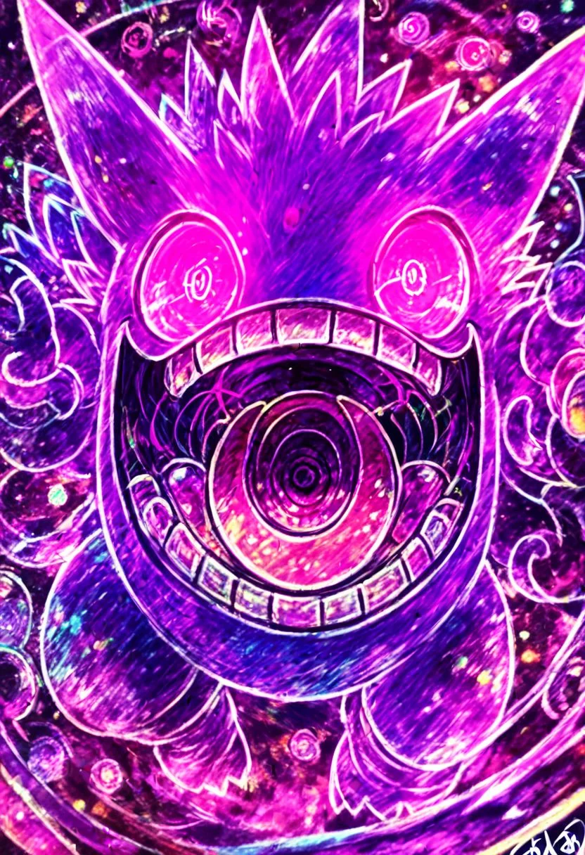 score_9, score_8_up, score_8,
gengar, no humans, gengar, :d, blurry, creatures (company), game freak, gen 1 pokemon, glowing, glowing eyes, kaosu (kaosu0905), nintendo, no humans, open mouth, pink eyes, pokemon, pokemon (creature), signature, smile, solo, teeth, tongue, tongue out