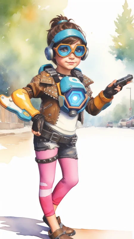watercolor painting a little girl dressed as tracer person<lora:overwatch-000007:0.7>, handmade, delicate, impressionistic, bright, vivid, colorful, highly detailed