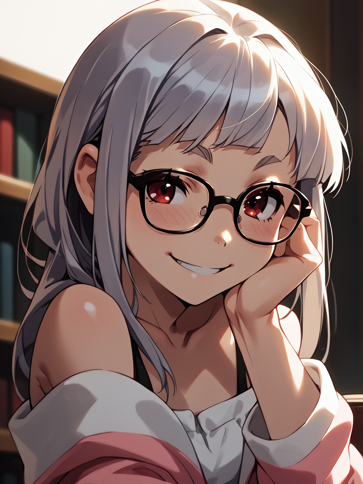 (upper body, solo focus:1.2) <lora:happy_tentacle-ibaraki-v0.1-000025:1>, ht_ibaraki, (blush:0.5), red eyes, bare shoulders, collarbone, sarashi, (purple hair:0.25), long hair, (petite:1.2), <lora:Shed_The_Skin's StS_age_slider_v1_initial_release:-1> ( :1.1) ( (head back :0.8) , , ( :1.2) , seductive smile , :1.1) indoors, ((dusk :0.6), (blue sky:0.6) :0.8), ( :0.9), (furniture:0.9), , (sidelighting:0.5), (light rays, light particles:0.5) , , , ( :0.9), library, librarian, shirt, skirt, cardigan, under-rim eyewear, glasses (( from side :1) :0.8) score_9, score_8_up, score_7_up, score_6_up, score_5_up, score_4_up, ( [(realistic, photorealistic:1.3):(realistic:1.2):16] [(3d:1.2)::14] :1) <lora:LUUNA's Lunas-NijiJourney-SDXL-B2:0.35>, nijijourney <lora:prgfrg23's Counterfeit-V3.0 Style SDXL_LoRA_Pony Diffusion V6 XL:0.6> <lora:mfcg's mfcgXL:0.12> <lora:reweik's gyokai(himehajime)_PonyXL_style_v01:0.14>