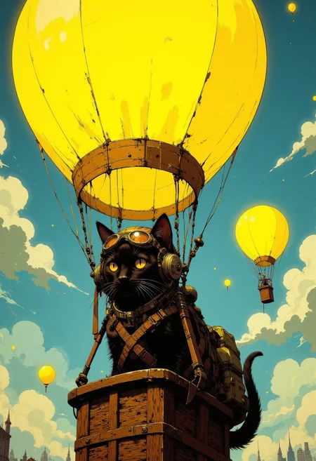 cinematic film still award winning photo.A hotairballoon made from the brightest of yellow. In its basic is a black cat with an aviator helmet and goggles, deep depth of field, vignette, highly detailed, high budget, bokeh, cinemascope, moody, epic, gorgeous, film grain, grainy,anime, cyberpunk, Comic book style,CAICO