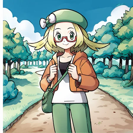 score_9, score_8_up, score_7_up, score_6_up, score_5_up, score_4_up, <lora:Bianca_Pokemon_BW2:1>, biancabw2, 1girl, solo, blonde hair, glasses, green eyes, semi rim glasses, green pants, beret, hat bow, white bow, smile, outdoors, trees, clouds, smile, happy expression, orange jacket, white shirt, shoulder bag, red rimmed glasses, looking at viewer, <lora:KenSugimoriPony:0.8>, ken sugimori, watercolor \(medium\)