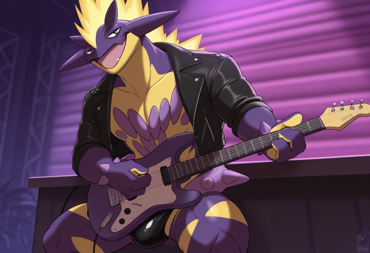 masterpiece, best quality, new, absurd, high quality, 2024, 2023, masterpiece, best quality, amazing quality, (male, anthropometry: 1,4), muscular male, ((male)), (1boy) solo, mature male, male, pecs, athletic build, anthro, toxtricity, t0x1c, pokemon (creature), shirtless, leather jacket, leather jockstrap, grinning at viewer, lewd grin, playing an electric guitar, bulge, leaning on bar, nightclub, neon, dark ambience, N3ll