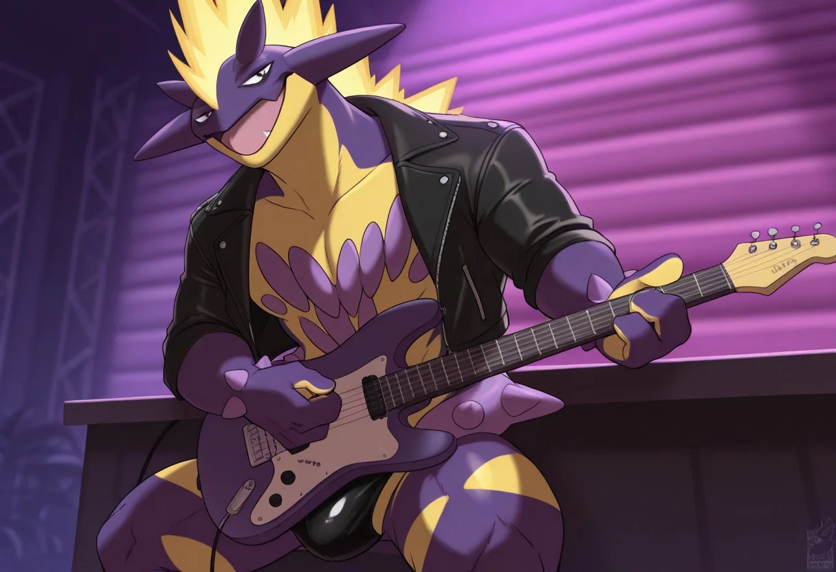 masterpiece, best quality, new, absurd, high quality, 2024, 2023, masterpiece, best quality, amazing quality, (male, anthropometry: 1,4), muscular male, ((male)), (1boy) solo, mature male, male, pecs, athletic build, anthro, toxtricity, t0x1c, pokemon (creature), shirtless, leather jacket, leather jockstrap, grinning at viewer, lewd grin, playing an electric guitar, bulge, leaning on bar, nightclub, neon, dark ambience, N3ll