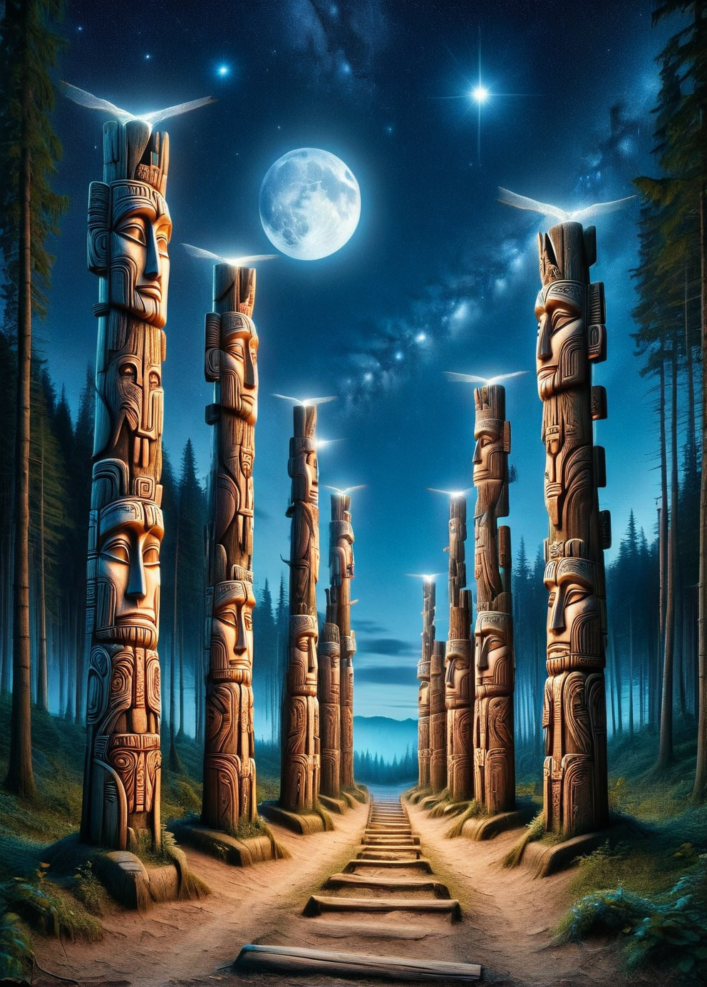 A mysterious forest path lined with ais-rghhwn totem poles under a starlit sky <lora:ais-rghhwn-sdxl:1>