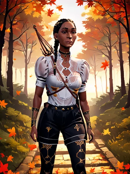 embedding:Stable_Yogis_Illustrious_Positives, 1girl, solo, Hazel, dark skin, standing, slight smile, dynamic pose, black hair, single braid, hair ornaments, nose piercing, choker, white shirt, puffy sleeves, distaff, freckles, black shorts, black leggings, natural lighting, outdoors, autumn leaves, forests, path