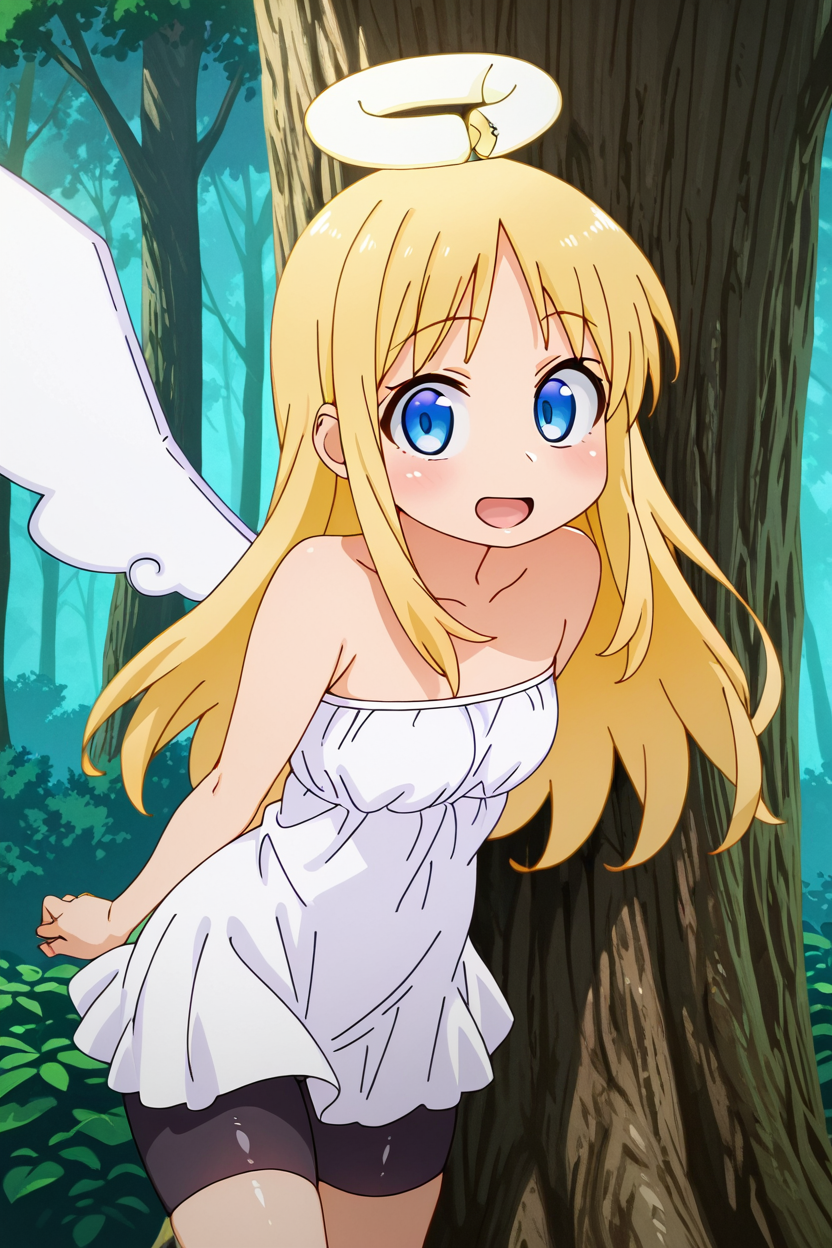 masterpiece, best quality, 1girl, solo, eyelashes, (beautiful eyes),     Crimvael, solo, long hair, open mouth, blue eyes, blonde hair, dress, bare shoulders, wings, shorts, white dress, tree, strapless, halo, black shorts, bike shorts, strapless dress, angel wings, angel, shorts under dress   smile, looking at viewer,  <lora:Ishuzoku_Reviewers_IXL:1.0>,
