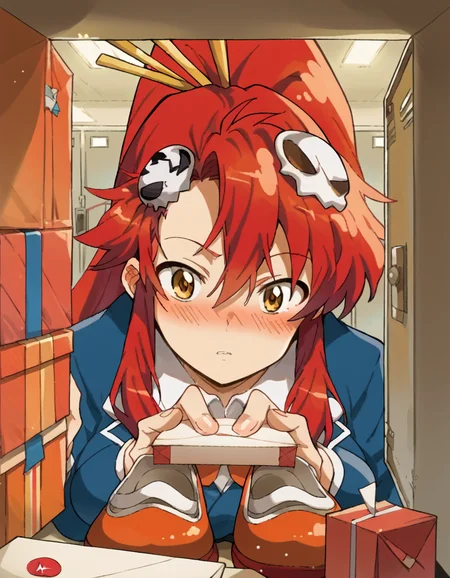 score_9, score_8_up, score_7_up, source_anime, <lora:yoko-littner-anime-ponyxl-lora-nochekaiser:1>, yoko littner, hair between eyes, hair ornament, high ponytail, long hair, red hair, sidelocks, skull hair ornament, yellow eyes, large breasts,, <lora:shoe-locker-pov-ponyxl-lora-nochekaiser:1> shoe locker pov, locker, letter, school, gift box, unworn shoes, blush,, ,