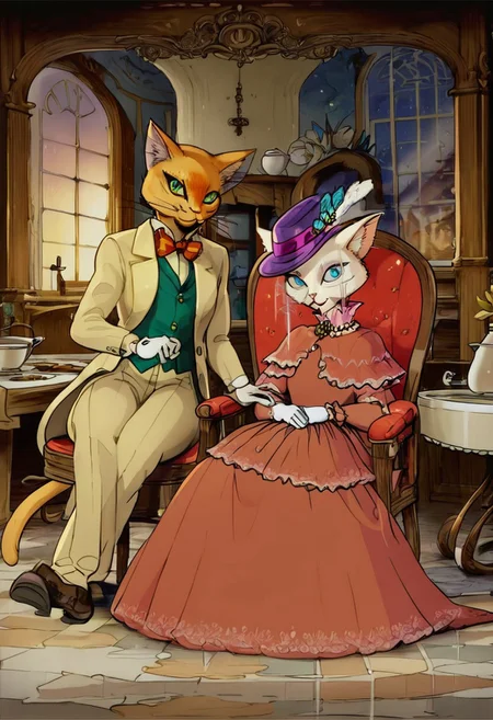 score_9, score_8_up, score_8, cute, in the style of beatrix potter, cel-shading, fca style, baroness louise, white fur, cat, female cat, blue eyes, anthro, gloves, purple hat, elegant hat, red dress, looking at viewer, beautiful eyes, 1girl, BREAK
baron humbert, ginger fur, blue eyes eyes, cat, male, anthro, suit, tuxedo, blue blow-tie, white gloves, 1boy, BREAK
duo, indoors, victorian house, sitting at chair, table, kitchen, woth design