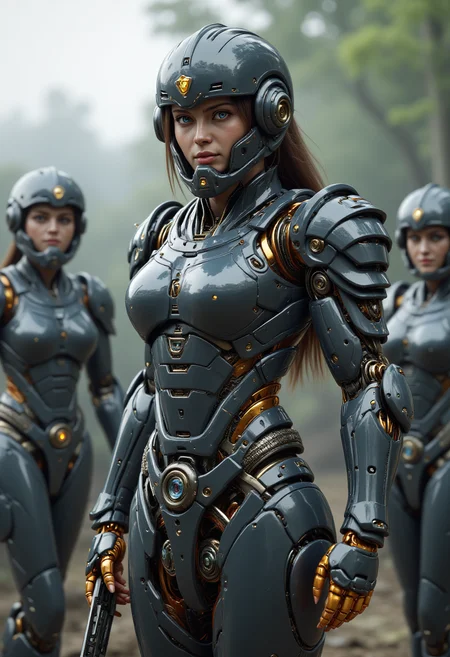 realistic scenery, ultra high quality, very detailed, a gorgeous lightly amored female space marine stands in front of her comrades wielding her military knife, Robo , <lora:FluxRoboStyle>