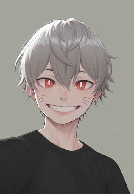 score_9, score_8, score_7, break,Canássy, solo, femboy, feminine looks, short hair, tall, looking at viewer, , smile, short hair, simple background, shirt, red eyes, 1boy, hair between eyes, upper body, grey hair, male focus, teeth, grey background, black shirt, facial mark, slit pupils, bright pupils, white pupils, whisker markings