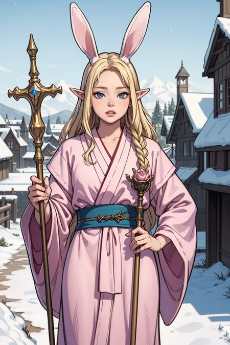 (masterpiece, best quality, detailed, beautiful, realistic),
1boy, elf, young, cute, adorable, effeminate, (big bunny ears:1.2), pink and white mage robe, otoko no ko, slender, slim, small, holding staff, (blonde hair, blue eyes),
medieval town, snow,
<lora:weight_slider_v2:1.4>, <lora:gender_slider_v1:0.8>