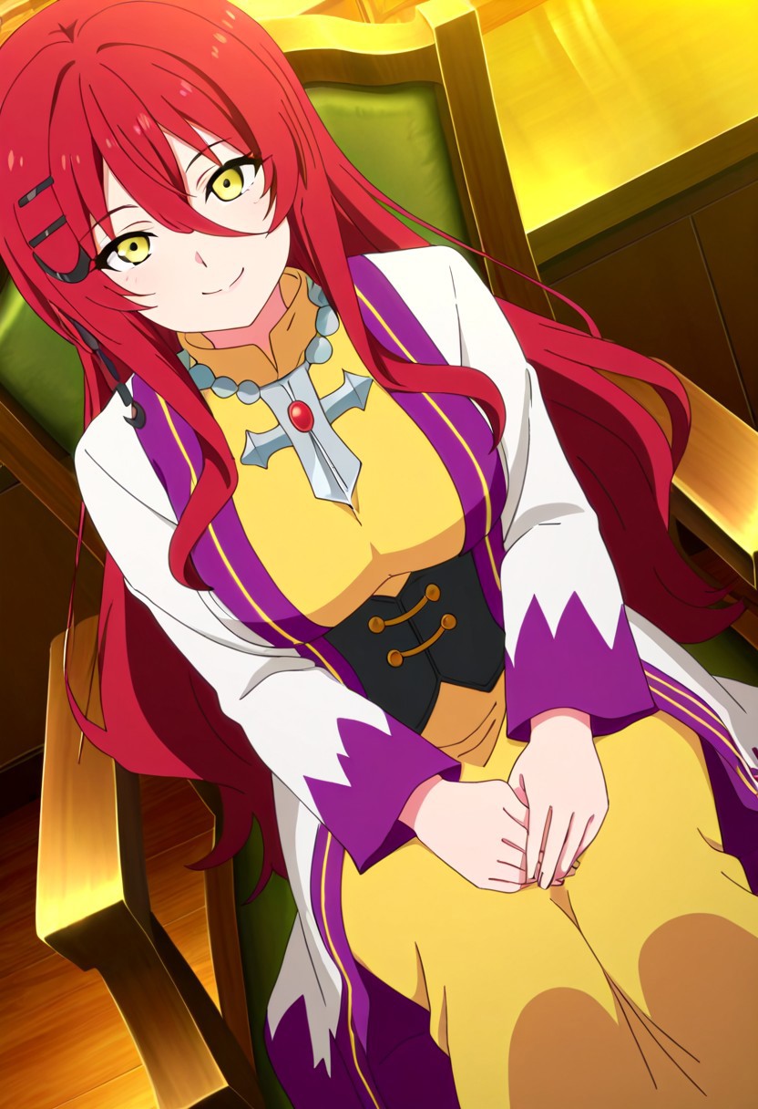 general,highres, ultra-detailed,very aesthetic,best quality ,best hands,best eyes,easynegative,
dynamic angle, dutch angle, anime cloring,anime screencap,
1girl solo,looking at viewer,sitting on chair, indoors, smile, 
 Grim,red hair, long_hair, hairclips,yellow_eyes, large_breasts,