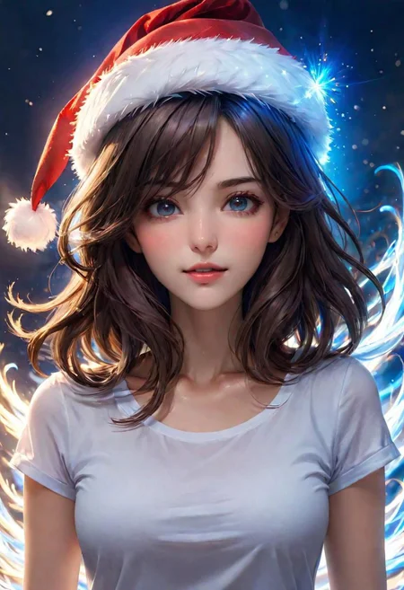 (masterpiece), 
1girl,
christmas hat,
white shirt,
blue aura light, blue energy,
brown hair,, floating hair, 
upper body shot, 
HDR, highly detailed, 32k, 
(sexy) mood, 
perfect face feature,