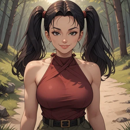 score_9, score_8, BREAK, solo, black hair, twintails, black eyes, long hair, lips, burgundy red shirt, halterneck, green short, black belt, burgundy red sandals, Heather_(Total_DramaRama), cute, tall, adult female, mature female, big breasts, sexy pose, self portrait, smile, looking at viewer, outdoors, sunlight, shadows, evening lighting, natural lighting, forest, trees, grass, orange sky, sunset