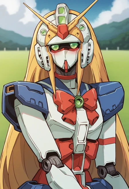 score_9, score_8_up, score_8, source_anime, <lora:NobelGundamF:0.85> solo, robot, mecha, green eyes, no humans, long hair, very long hair, blonde hair, v-fin, bow, red bow, looking at viewer, upper body, v sign, blush,
(grasslands background), blurry background,