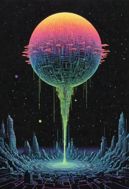 80s-anime-ai ascii_art by escher, Braden Lamb, Shelli Paroline: a 80s neon Huge floating neon Sci-fi habitus, marbles Ethereal Anonymous statue