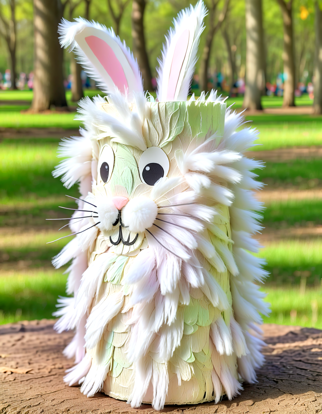 Macro Photography fluffy rabbit made of toilete paper roll, tprc style, at a park, clorfull, masterpice, 8k,,, Macro Photography, often for close-up views, small subjects, or detailed examination.