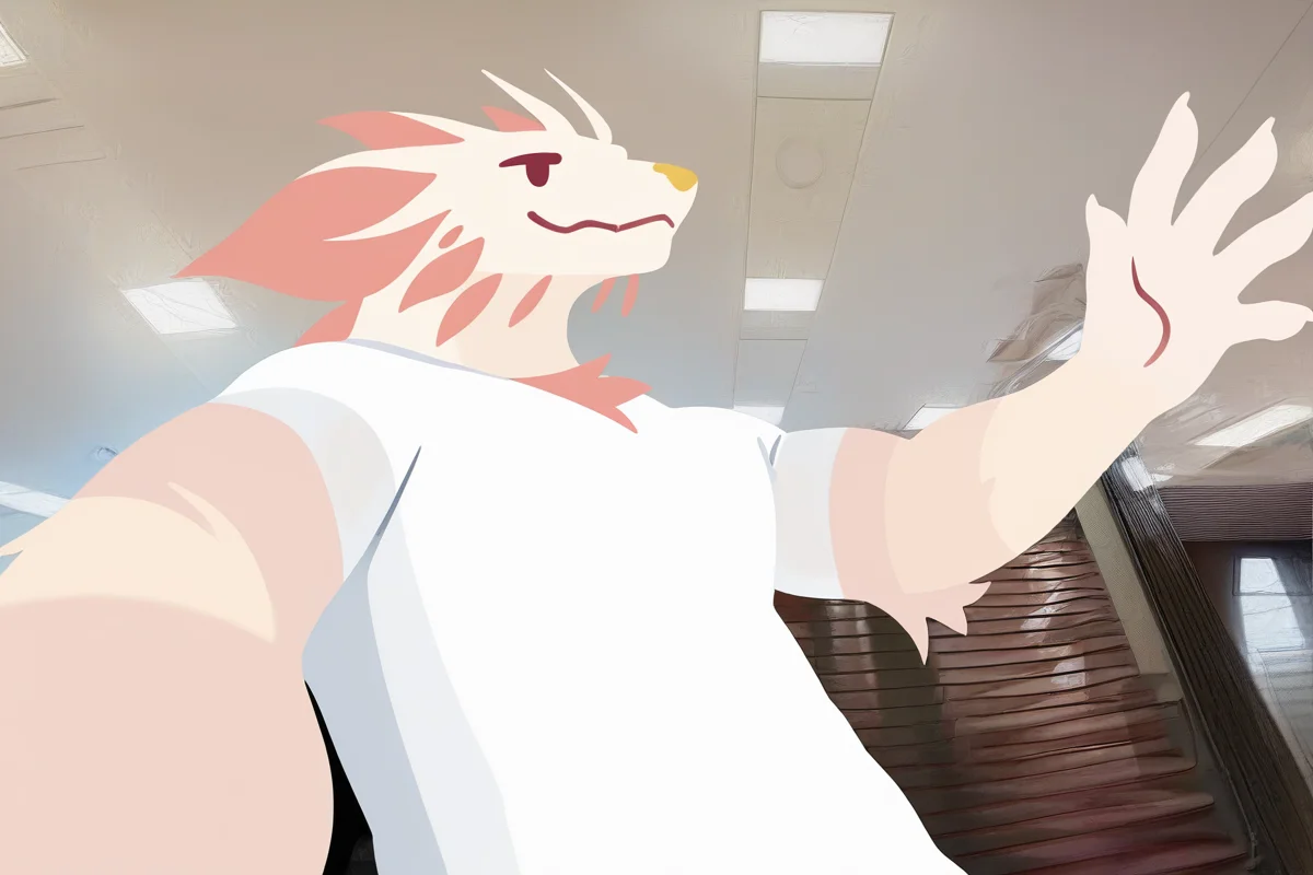 flat color,minimalism,(no lineart:1.0025),
(foreshortening, see-through, perspective:1.2),detail background,
detailed background,photo background,photography \(artwork\),inside,
teenager,
fully clothed,raised hand,5 fingers,
<lora:MIZUTSUNE-ILL-ADAM-V3-000018>,mizu,dragon boy,1boy,male focus,upper body,1boy,furry,furry male,white shirt,bara,yellow nose,
masterpiece,best quality,amazing quality,very aesthetic,highres,absurdres,