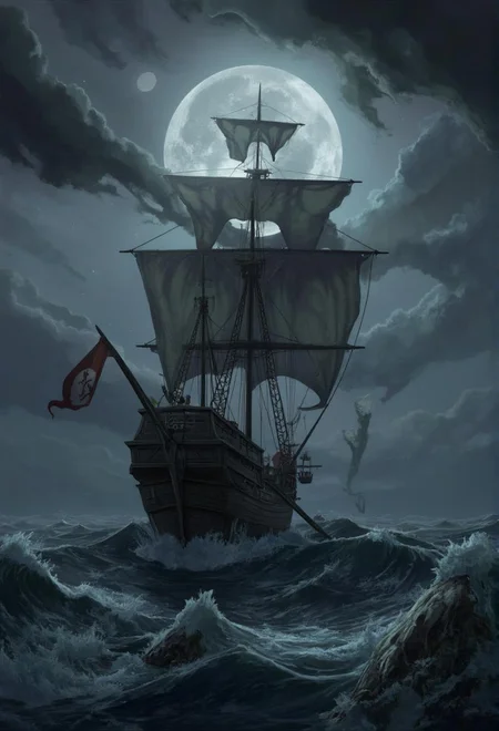 <lora:ck-LttleGhost-000011.safetensors:1> in the style of ck-lttlegh0stA massive galleon navigates turbulent seas, its sails and wooden decks rendered in meticulous detail beneath a colossal moonlit sky. Dark gray clouds swirl above, as waves rage against the ship's hull with supernatural force.