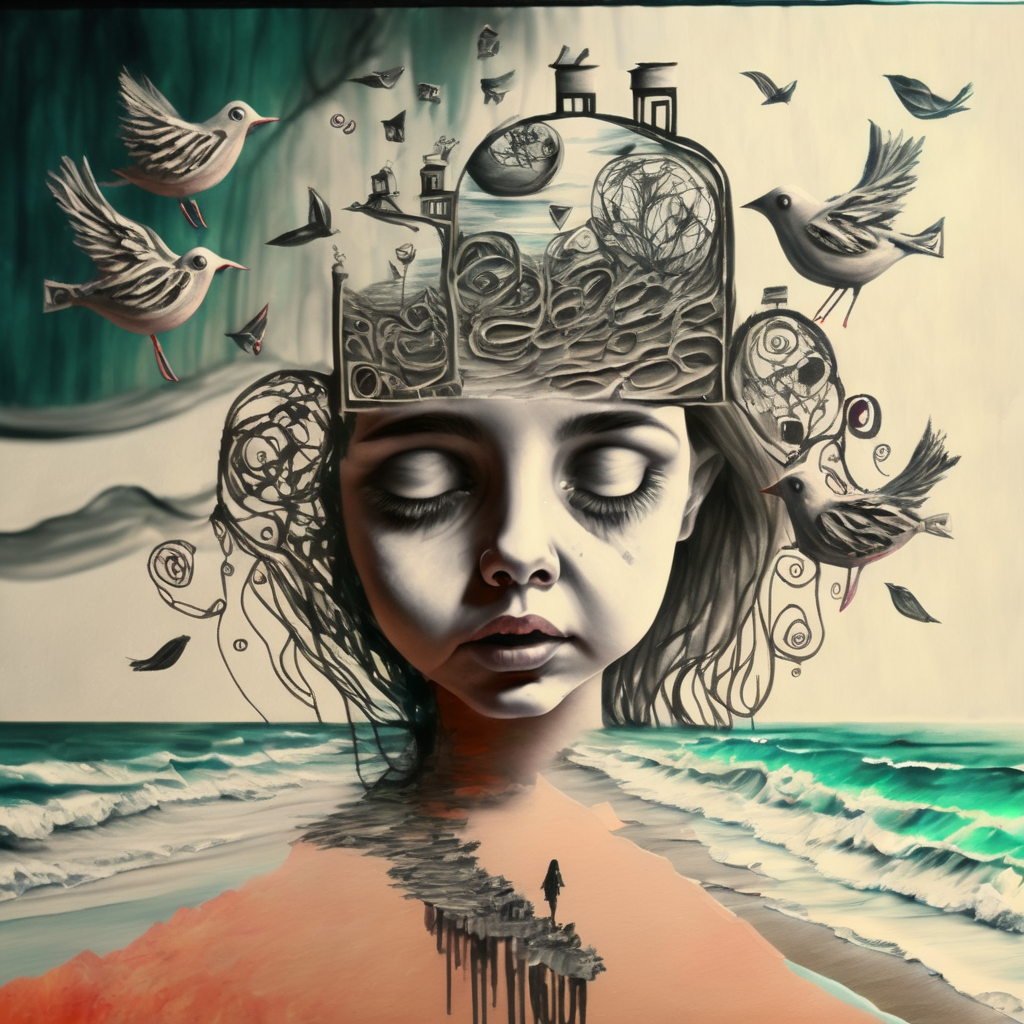 corcoc5s  girl with birds in her head walking on the beach, very detailed<lora:corcoc5s:1>