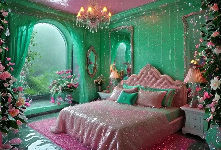 Light mood masterpiece photography, realistic, realistic photograph, crystal chandelier, lava lamps, rain inside bedroom, bedroom floor is water, flowers, trees, indoors, pond, swet flowers, glitter flowers, damp, pond inside bedroom, luxurious bedroom, bedroom, lots of jewelry, widescreen TV, Lisa Frank inspired, rainy scene indoors, fancy furniture, Lisa Frank colors, green dress, Lisa Frank inspired, vanity, makeup collection, bedazzled platform shoes, stained glass windows, large shoe collection, maximalism, orange bedsheets, green walls, vines on walls, flowers on bed, maximalist bedroom, soft rug, neon rug, bedroom like bedroom from Howl's Moving Castle, beaded curtains, crystal room decor, lots of clothes, 2000s, fuzzy beanbag