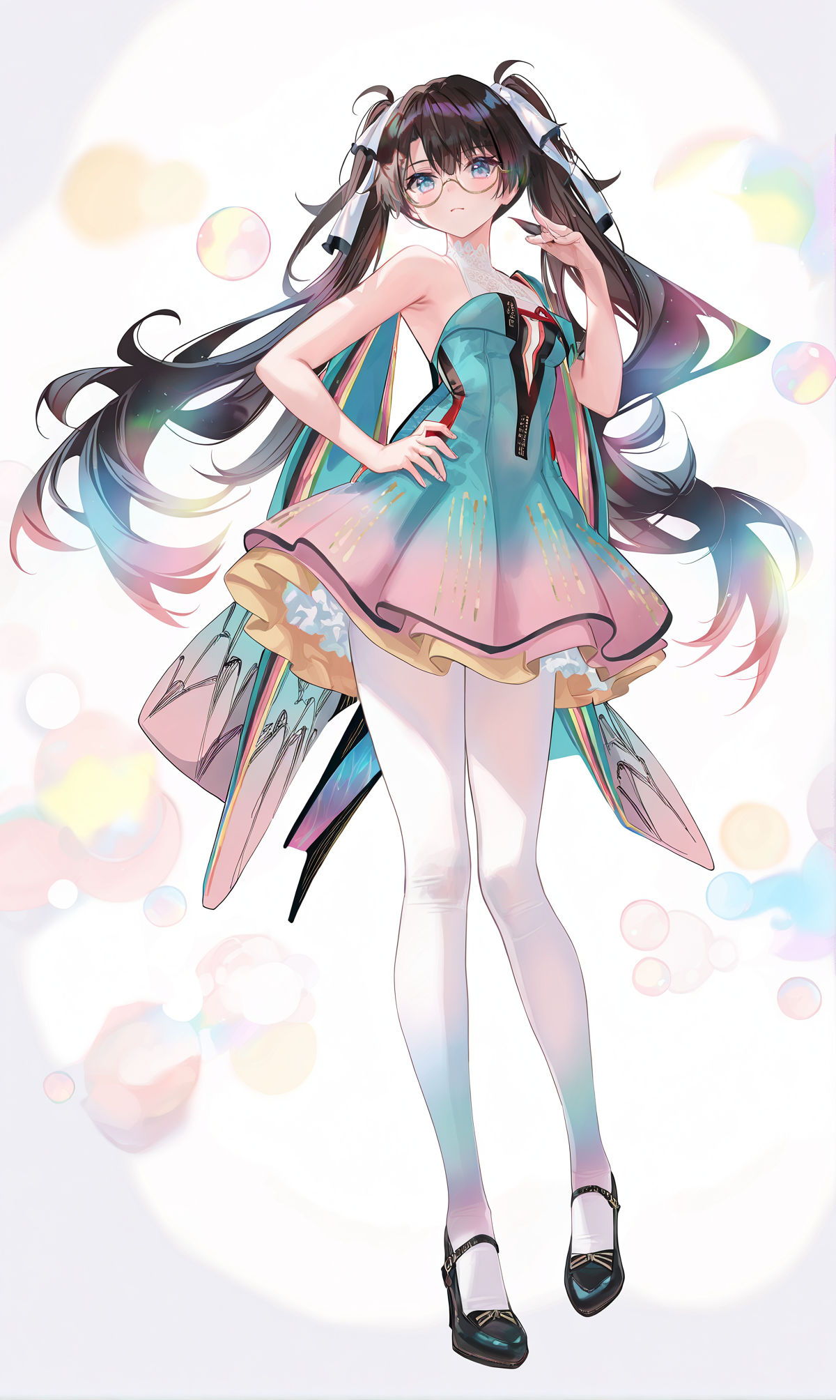 8k, best quality, masterpiece, (ultra-detailed), (high detailed skin), 
((artist:reoen),(artist:fuzichoco),(artist:atdan),(artist:torino_aqua),year 2024:0.8)1girl, 8k, masterpiece, best quality, colorful, detailed light, light leaks, sunlight, bokeh, blurry foreground, ray tracing, lens flare, cinematic lighting, 
full body, full shot, standing, looking at viewer, (solo:1.2), simple background, (white background:1.2), hand on own hip, white background, 
<lora:zhezhi-noob-Tanger:0.8>, zhezhi, default clothes, white pantyhose, 1girl, long hair, black hair, glasses, twintails, dress, black footwear, 
A full-body portrait of a young girl, standing gracefully, pastel art style, high-key lighting, shoujo manga influence, hd quality, delicate details,