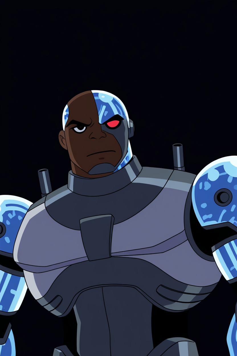 masterpiece, best quality,    cybrg, solo, simple background, red eyes, 1boy, closed mouth, upper body, male focus, multiple boys, dark skin, 2boys, armor, black eyes, heterochromia, crossover, robot, black background, android, bald, cyborg,  <lora:TTitansStyleIXL:1.0>,