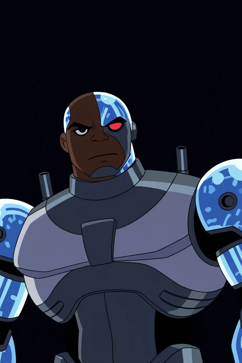masterpiece, best quality, cybrg, solo, simple background, red eyes, 1boy, closed mouth, upper body, male focus, multiple boys, dark skin, 2boys, armor, black eyes, heterochromia, crossover, robot, black background, android, bald, cyborg, <lora:TTitansStyleIXL:1.0>,