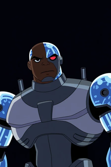 masterpiece, best quality, cybrg, solo, simple background, red eyes, 1boy, closed mouth, upper body, male focus, multiple boys, dark skin, 2boys, armor, black eyes, heterochromia, crossover, robot, black background, android, bald, cyborg, <lora:TTitansStyleIXL:1.0>,