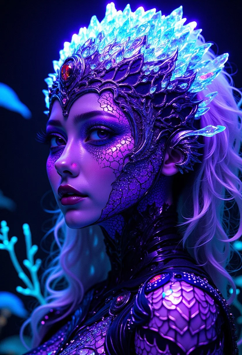 DreamArt, anime_martz, anime_source, paint, intricate diadem on head, ultra realistic intricate scales, white hair glows, purple scale on face covering. Her face is adorned with glowing face tattoo, patterns resembling fish scales on face glowing purple, half turn head relaxed expression nodding, background is underwater coral reef, futuristic art, with a glowing. digital motifs, hi tech details,
