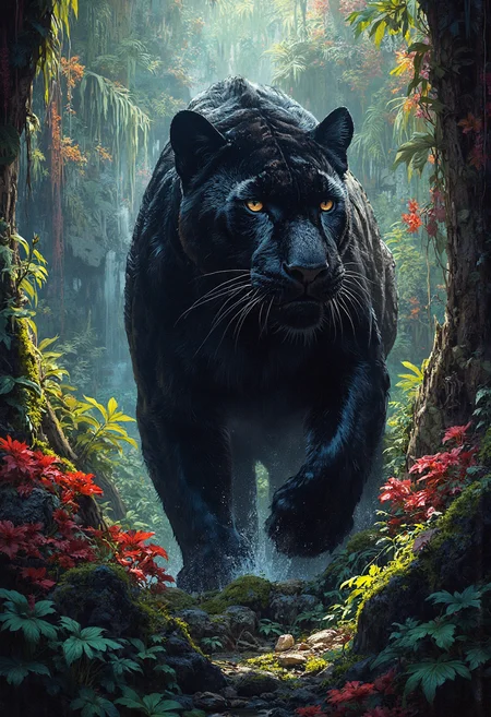 Highly detailed and realistic. A panther in a colorful and complex jungle.