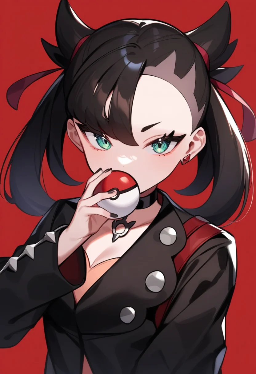 masterpiece,best quality,very aesthetic,absurdres,<lora:marnie_(pokemon):1>,highres, fake_nails, black_choker, gold_earrings, close-up, absurdres, red_background, simple_background, undercut, eyelashes, 1girl, covered_mouth, nail_polish, solo, black_nails, red_ribbon, upper_body, marnie_\(pokemon\), pendant_choker, hand_up, black_jacket, two_side_up, hair_ribbon, looking_at_viewer, poke_ball_\(basic\), holding_poke_ball