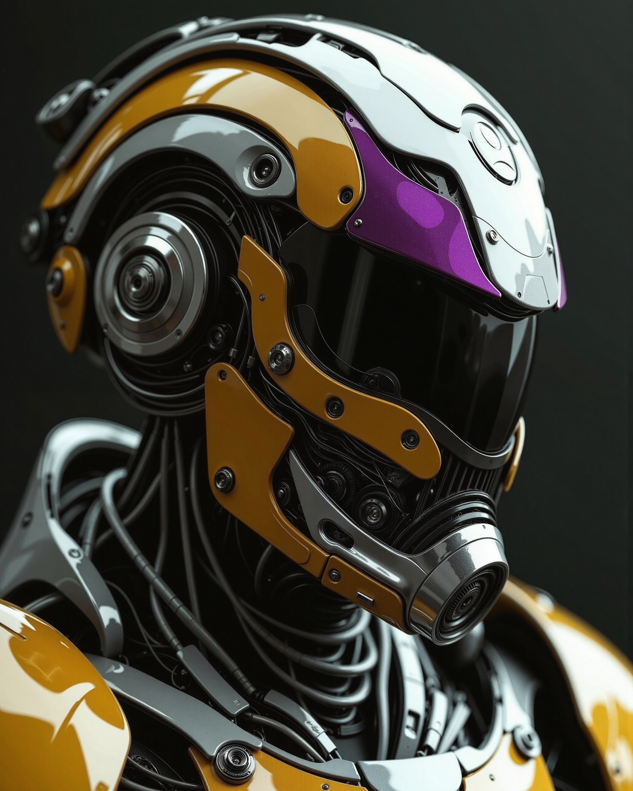 A highly detailed, high-quality image in the style of ckrcc, close up of a intricate detailed armored helmet, futuristic, technologic, panel, full face mask, combat technology, tech filigrane, gold, aluminium, purple metalized, studio photography, 8k,super_detailed, ultra_high_resolution, Best quality, masterpiece, dynamic lighting, depth of field, deep shadow, RAW photo, best quality,mecha, ,neotech,glasstech