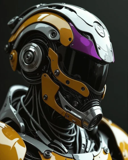 A highly detailed, high-quality image in the style of ckrcc, close up of a intricate detailed armored helmet, futuristic, technologic, panel, full face mask, combat technology, tech filigrane, gold, aluminium, purple metalized, studio photography, 8k,super_detailed, ultra_high_resolution, Best quality, masterpiece, dynamic lighting, depth of field, deep shadow, RAW photo, best quality,mecha, ,neotech,glasstech