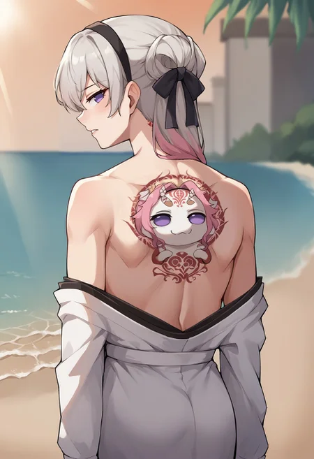 score_9, score_8_up, score_7_up, source_anime,
BREAK
outdoors,beach, sunset, sunrays, blurry background, 
BREAK
zeroElie, black hairband, hair ribbon, long hair, ascot, open kimono, from behind,back tattoo
BREAK
doro tattoo, back tattoo, creature, :3, pink hair, purple eyes, no humans, white skin, four legs, solid circle eyes, no pupils,
<lora:DragonTattoo:0.8>  <lora:elie-pdxl-nvwls-v1:0.8>  <lora:Doro_X_PDXL_V1:0.9>
