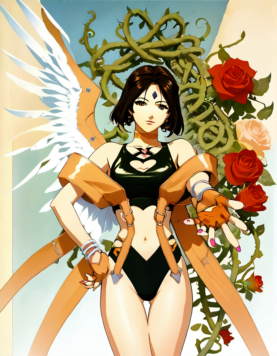 score_9, score_8_up, score_7_up, score_6_up, score_5_up, score_4_up, source_anime,  , Peorth, looking at viewer, gloves, navel, holding, jewelry, swimsuit, flower, wings, choker, midriff, fingerless gloves, nail polish, bracelet, hand on hip, rose, thigh gap, plant, outstretched arm, red flower, pink nails, red rose, vines, thorns