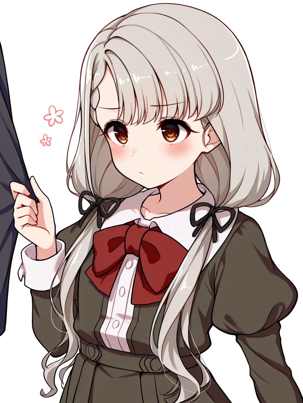 masterpiece,best quality,very aesthetic,absurdres,highres,newest,
hskwng school,hisakawa nagi,
asymmetrical bangs,bow,bowtie,braid,braided bangs,grey hair,hair ribbon,
juliet sleeves,long hair,long sleeves,puffy sleeves,red bow,red bowtie,
twintails,black ribbon,blush,brown eyes,collared shirt,
dress shirt,low twintails,shirt,skirt,white shirt,
black jacket,black skirt,black dress,
dress,
eyebrows visible through hair,
eye_focus,<lora:eye_focus:1>,
<lora:idolmaster_hisakawa_nagi_school_ill_v1.0:1>,