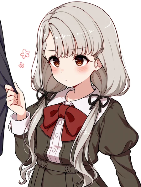 masterpiece,best quality,very aesthetic,absurdres,highres,newest,
hskwng school,hisakawa nagi,
asymmetrical bangs,bow,bowtie,braid,braided bangs,grey hair,hair ribbon,
juliet sleeves,long hair,long sleeves,puffy sleeves,red bow,red bowtie,
twintails,black ribbon,blush,brown eyes,collared shirt,
dress shirt,low twintails,shirt,skirt,white shirt,
black jacket,black skirt,black dress,
dress,
eyebrows visible through hair,
eye_focus,<lora:eye_focus:1>,
<lora:idolmaster_hisakawa_nagi_school_ill_v1.0:1>,