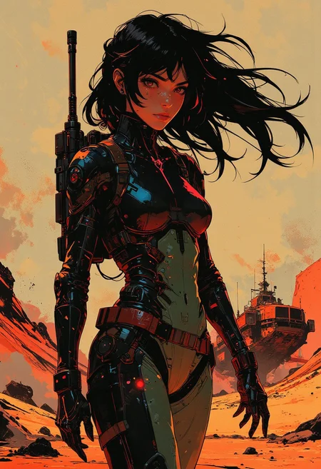 in the style of ck-mgs, nistyle, Inkplash art on rice paper, sepia, henna, Silhouette Art, magnificent, inksplash closeup portrait of a female bounty hunter, flowing black hair, reflective black and neon red armor, futuristic armor, a rifle strapped to her back, holding a pistol, abstract background suggesting a landed spaceship on a desert world,
Cowboy Shot, getting off of her ship, walking down ship's ramp,