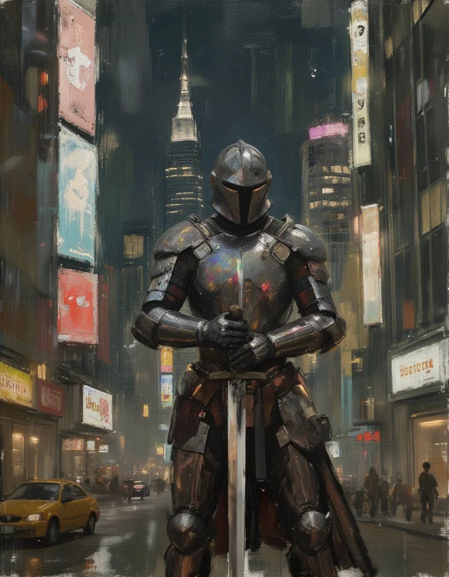 A surreal illustration featuring an armored medieval knight standing in a neon-lit cyberpunk cityscape at night. The scene is presented in the style of a vintage 19th-century oil painting, with dramatic, detailed brushstrokes and a muted, antique color palette. The knight, holding a traditional longsword, looks out of place against the towering holographic advertisements and sleek skyscrapers that surround him, creating a striking contrast between his medieval armor and the futuristic environment. <lora:surrealidescent_v1:1> surreal photo, iridescent, aesthetic <lora:Eldritch_Paint_Sketch_for_Flux_1.0.5:1> sketch painting