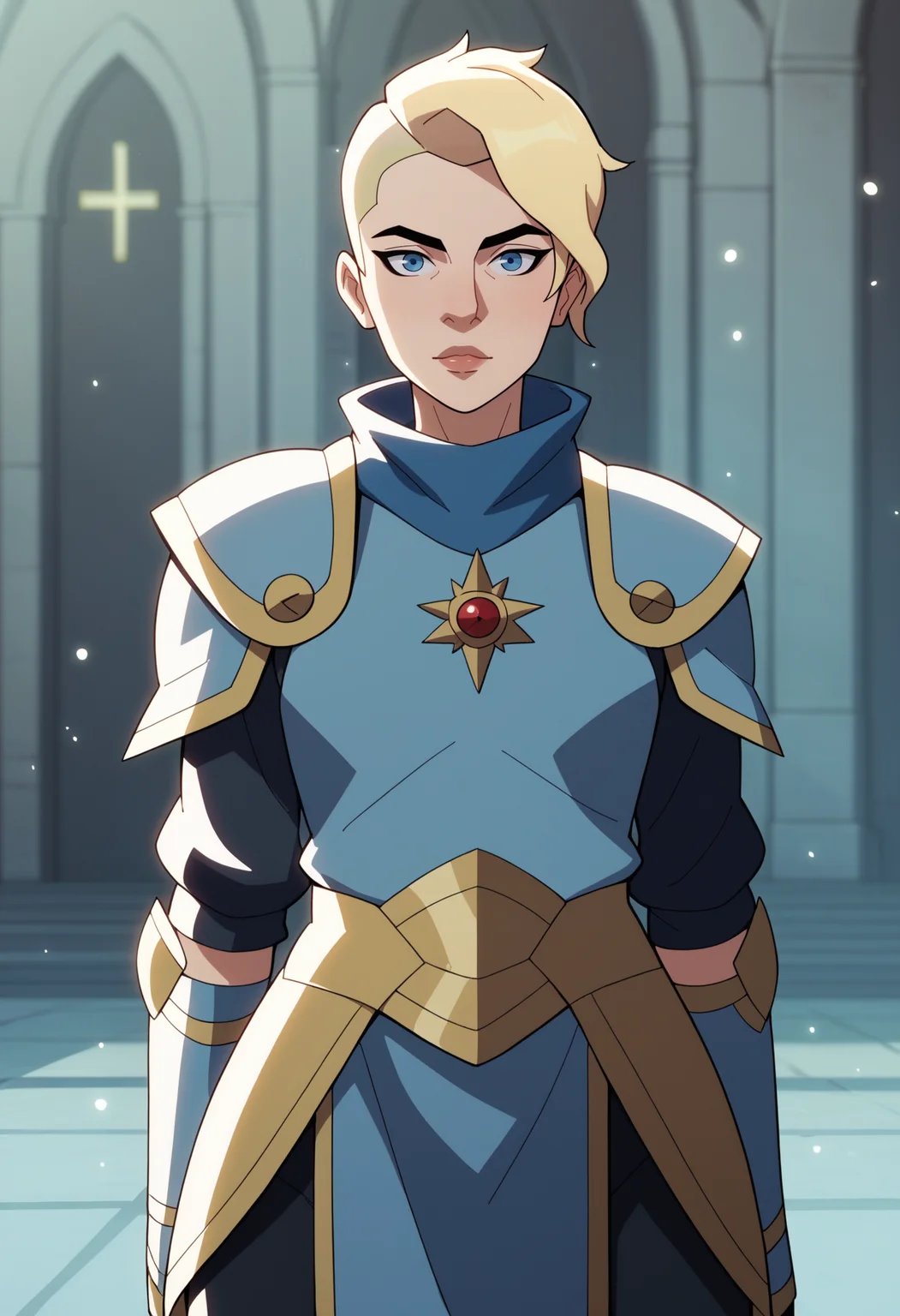 score_9, score_8_up, score_7_up, BREAK
1girl, blonde hair, short hair, undercut, blue eyes, templar armor, templar knight tabard, holy paladin, knight in full armor, looking at viewer, standing, holy light, light particles, church templar background, <lora:VoxMachinaV2XLLocon_byKonan:1>