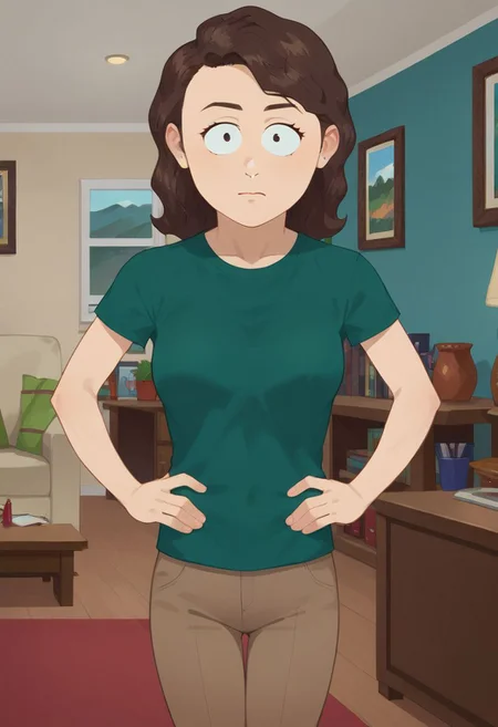 Score_9_up, score_8_up, score_7_up, BREAK, 1girl, solo, kellysp, green shirt, brown hair, brown pants, hands on hip, looking at viewer, closed mouth, living room, Expressiveh