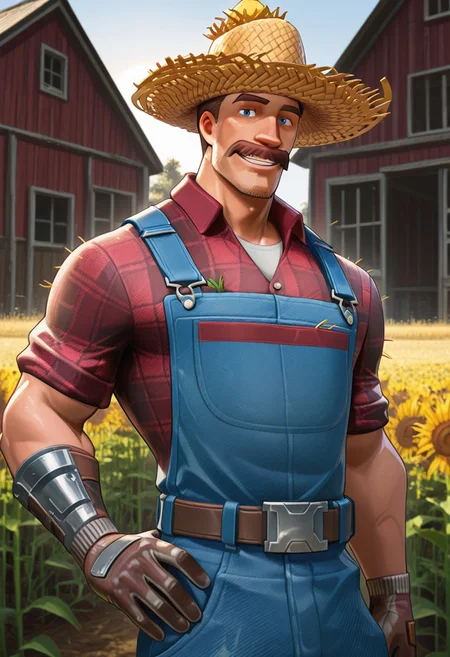 masterpiece, best quality, amazing quality, very aesthetic, absurdres, newest, high quality, detailed, male, solo male, HayseedFN, 1boy, mature male, male, athletic build, human, blue eyes, broad shoulders, brown hair, mustache, facial hair, red flannel, sun hat, straw hat, blue overalls, gloves, farmer, outdoors, standing, smiling, one hand on hip, bara, half body, farm, volumetric lighting