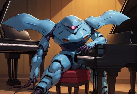 score_9, score_8_up, score_7_up, source_anime, front view, BREAK,  ( hygogg, blue_hygogg_armor, pink monoeye, from side, looking at viewer, long arms, very long arms, long claws) 1mech, blue mech, wide mech, large shoulders, large shoulder armor, mech focus, solo, BREAK, two arms, grand piano, sitting, playing piano, claws on piano,