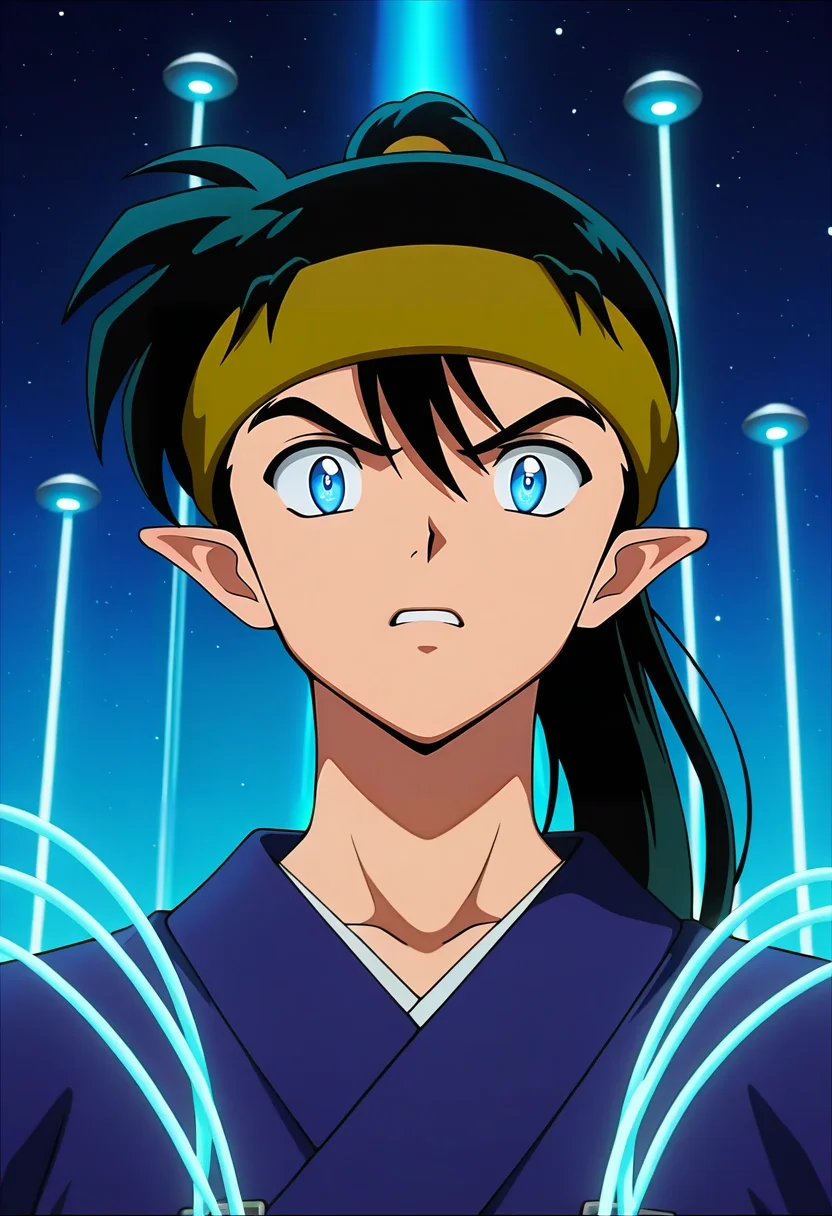 masterpiece, best quality, intricate details, anime screencap, anime coloring, official style, looking at viewer, 1boy, solo, male focus, <lora:kouga_inuyasha_ilxl:0.92>, kouga_inuyasha, , black hair, blue eyes, long hair, ponytail, pointy ears, headband, , space elevator, glowing capsules, endless skyline, orbital lights, ascending pose, determined expression, futuristic ambiance,